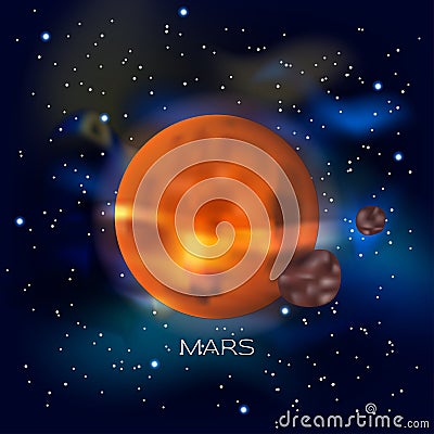 Planet Mars and its moons. Phobos and Deimos. Vector Illustration